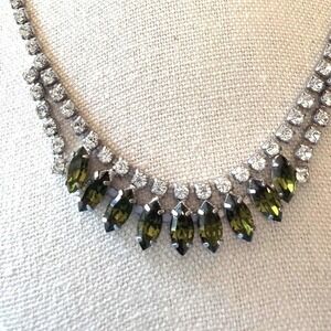 Vintage B David Green Navette Rhinestone Fringe Statement Necklace 16"